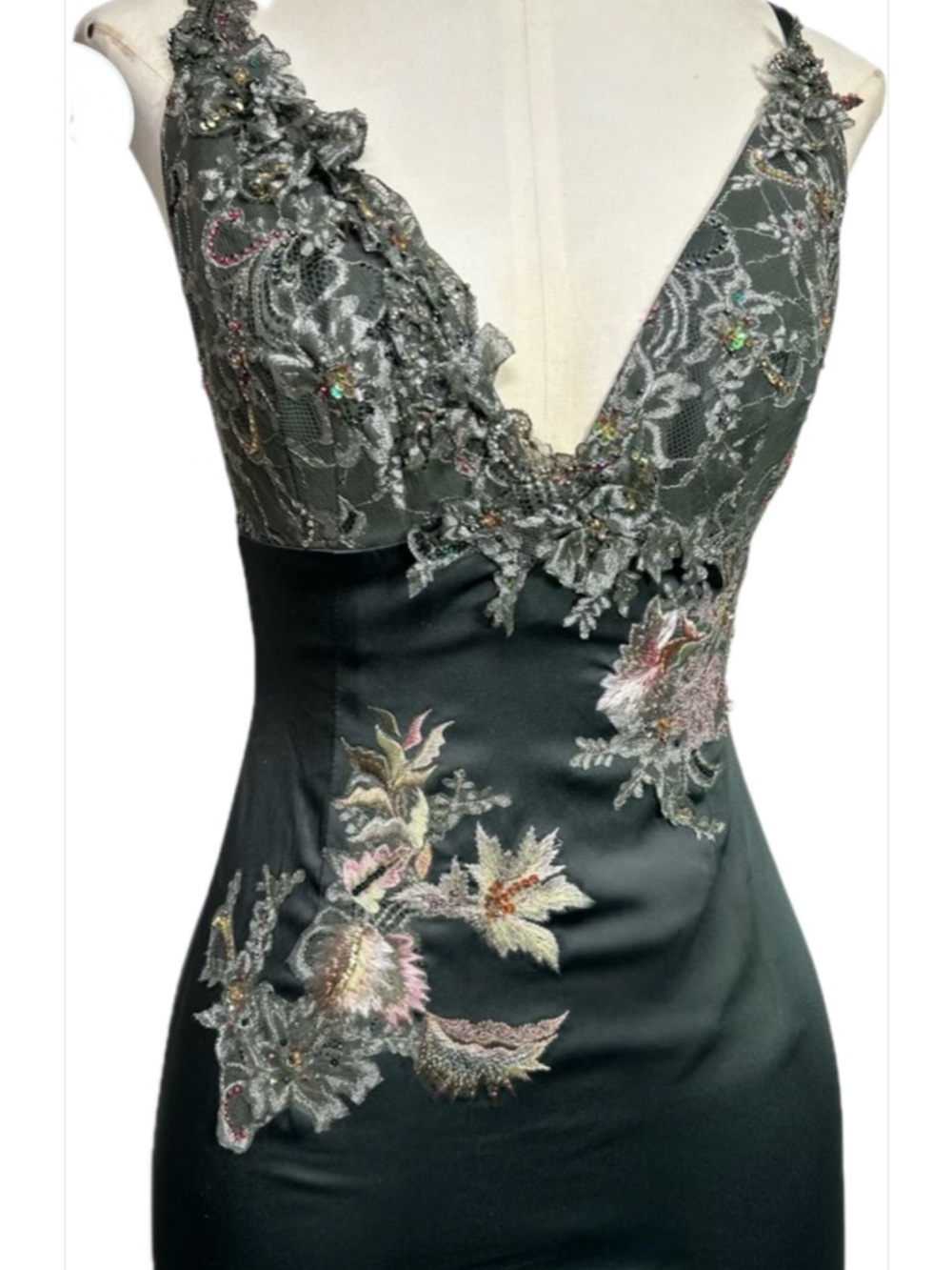 Mandalay Embroidered V-Neck Floral Slip Dress - Olive Green - Picture 14 of 15